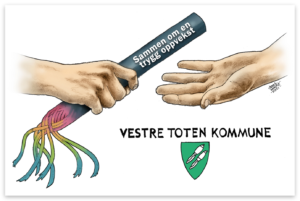 Overlevering av stafettpinne med teksten "Sammen om en trygg oppvekst" fra èn hånd til en annen